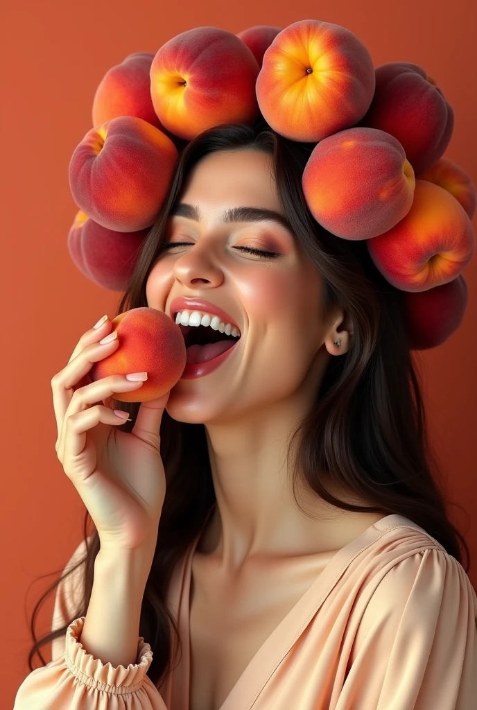 One incredibly beautiful, clothed Iranian woman in her 30s。Facing forward、Open your mouth wide、He is biting into a peach with relish.。The expression is、Ecstatic expression、I feel a strong sense of ecstasy。With a smile、Both eyes are open。The head is peeled、Covered in several real peaches。There are a lot of peaches on and around the head.。The skin is、Hidden by clothes、Light clothing。There are peaches all around。Covered in peaches。Fully clothed。No tattoos。The background is in the colors of the Iranian flag.