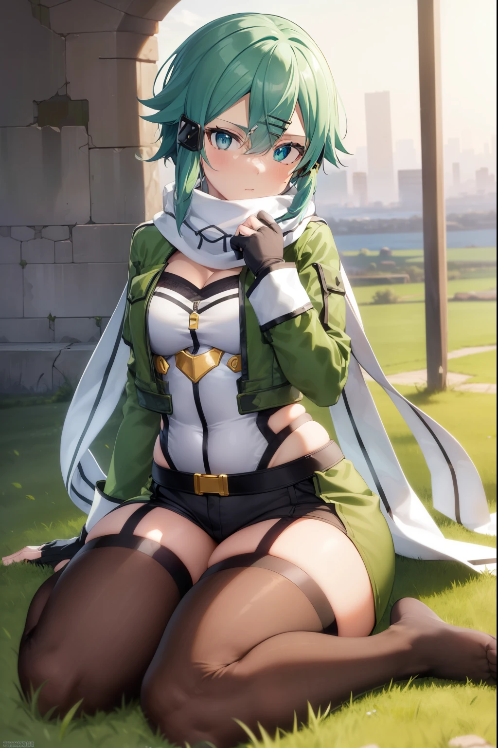 sitting, crossed legs, view from below, Elaine Auclair, long hair, 1girl, braid, crown braid, jewelry, earrings, gloves, big breasts, jacket, choker, thighhighs, hair between eyes, cleavage, shorts, thigh boots, night time, shadow, green beret, green hat