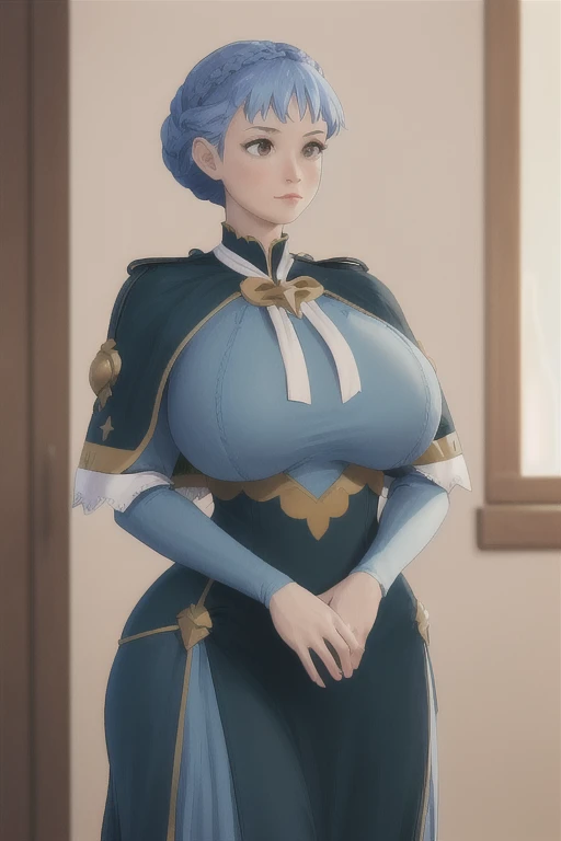 (best quality,masterpiece:1.3), (mature woman, milf), tall, anime, masterpiece, beautiful eyes, detailed eyes, best quality, detailed face, 1girl, solo, marianne_academy, uniform, black skirt, garreg mach monastery uniform, blue pantyhose, crown braid, uniform, epaulettes, long sleeves, beautiful, smiling, blushing, thick thighs, plump, sciamano240, soft shading, detailed, semi-realistic,