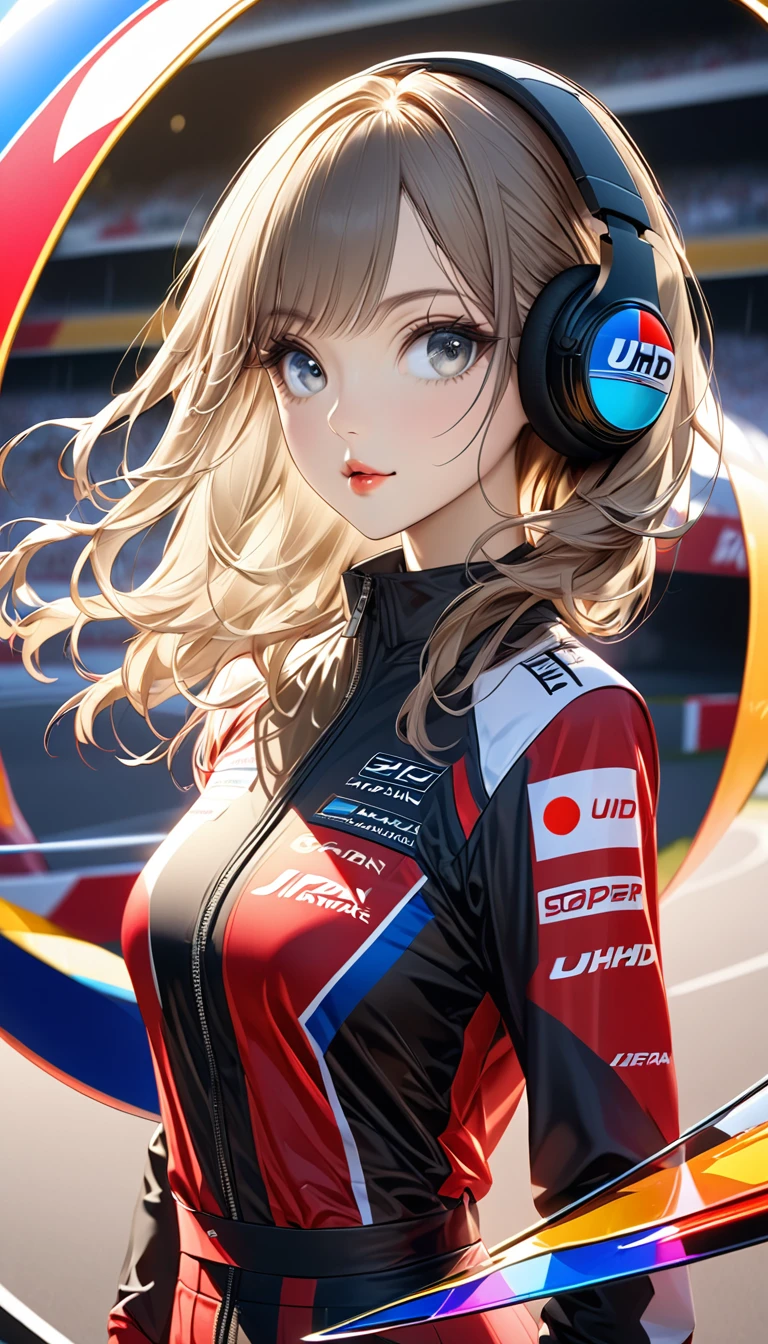 Wearing a japan formula 1 racing  attire, beautiful japan super model, big round bright eyes, golden ratio posture. High detail costume. Detailed racing sponsor path on costume. Divine sporty look, luxury orheadphone piece,  indonesia flag, summer season, uhd, high res