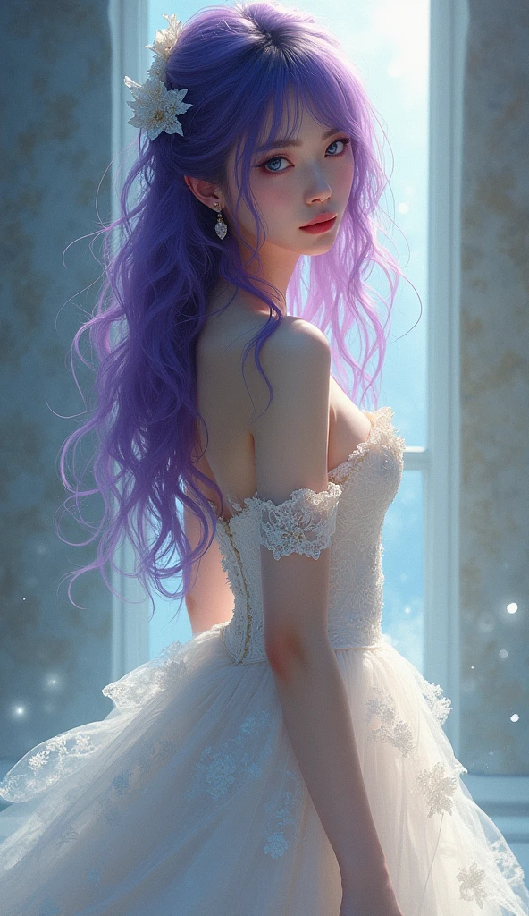 Korean purple hair butterfly woman with headphone and white outfit thin transparent costumes with orchestra instrument transparent costume orchestra stage background and apocalyptic costume holding instrument and sexy outfit elegant and transparent and white thin costume and orchestra auditorium background