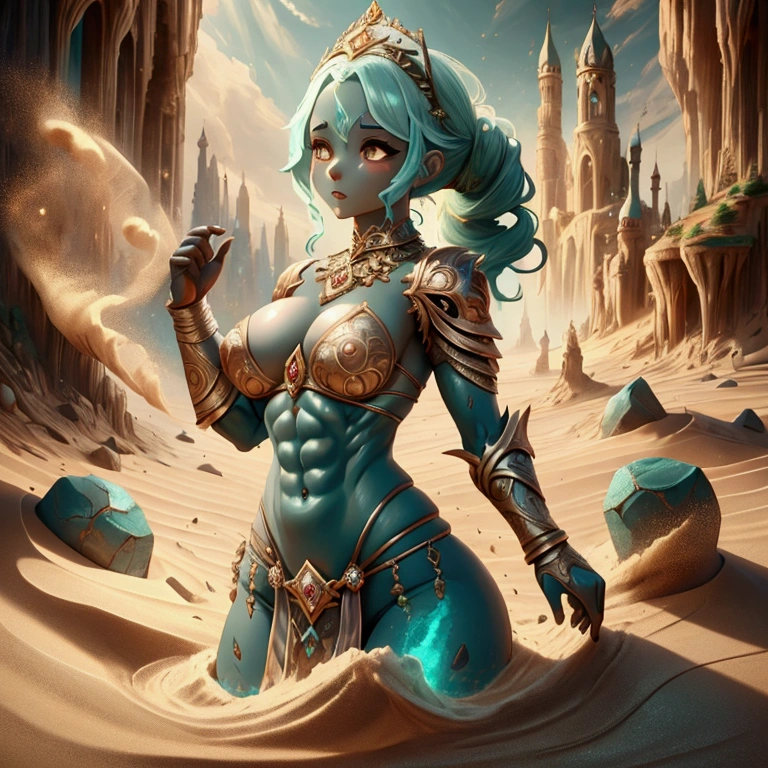 female, golem, skin made of stone, sexy, fighting, wild hairstyle, fantasy steppe background, well-toned abs, swirling sand, 