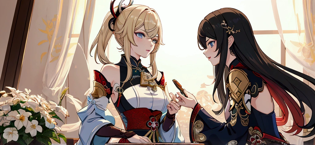 A long-haired boy in ancient costume and the female emperor of Qingyue, in the luxurious palace, looked calm and masculine. The scene is one night, and the moonlight shines on their bodies, adding to the mystery of the scene.