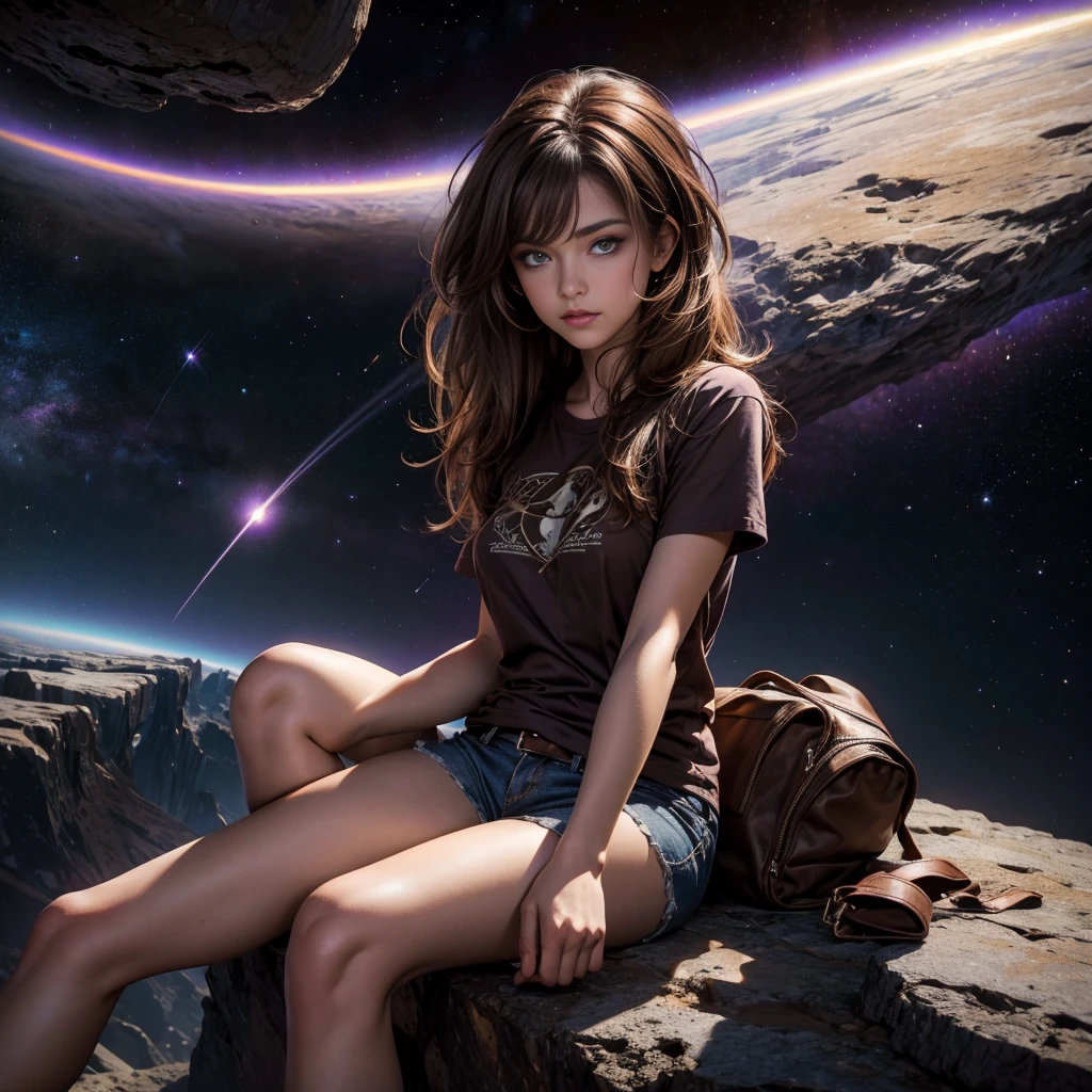 (best quality, 64k, Masterpiece, spherical body A captivating digital painting of a young woman sitting cross-legged on a reflective surface under a star-filled sky. She has a delicate, thoughtful expression, with large, soft eyes and slightly flushed cheeks. She is wearing a simple white crop top that reveals her midriff, paired with denim shorts. A stylish brown leather belt with a prominent golden buckle rests around her waist. The background is a mystical, mountainous landscape illuminated by a cosmic nebula and distant stars. Glowing orbs of light float around her, adding to the ethereal and dreamlike atmosphere. The overall scene blends elements of fantasy and science fiction, creating a serene yet mysterious mood."