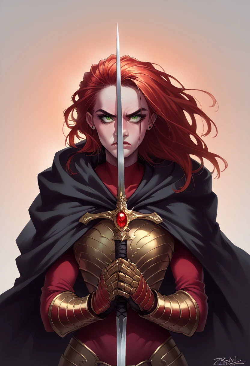 Ezrania has long red hair that resembles flames and piercing green eyes.. His skin is pale and his features are sharp, with an intimidating beauty. She wears red metal armor, adorned with gold details and a long black cape. In your hands, she holds two sharp swords.