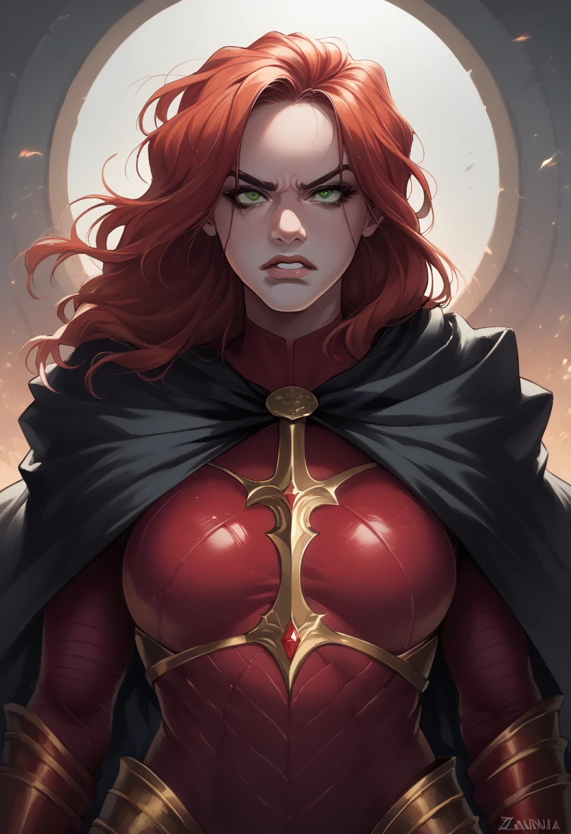 Ezrania has long red hair that resembles flames and piercing green eyes.. His skin is pale and his features are sharp, with an intimidating beauty. She wears red metal armor, adorned with gold details and a long black cape. In your hands, she holds two sharp swords.