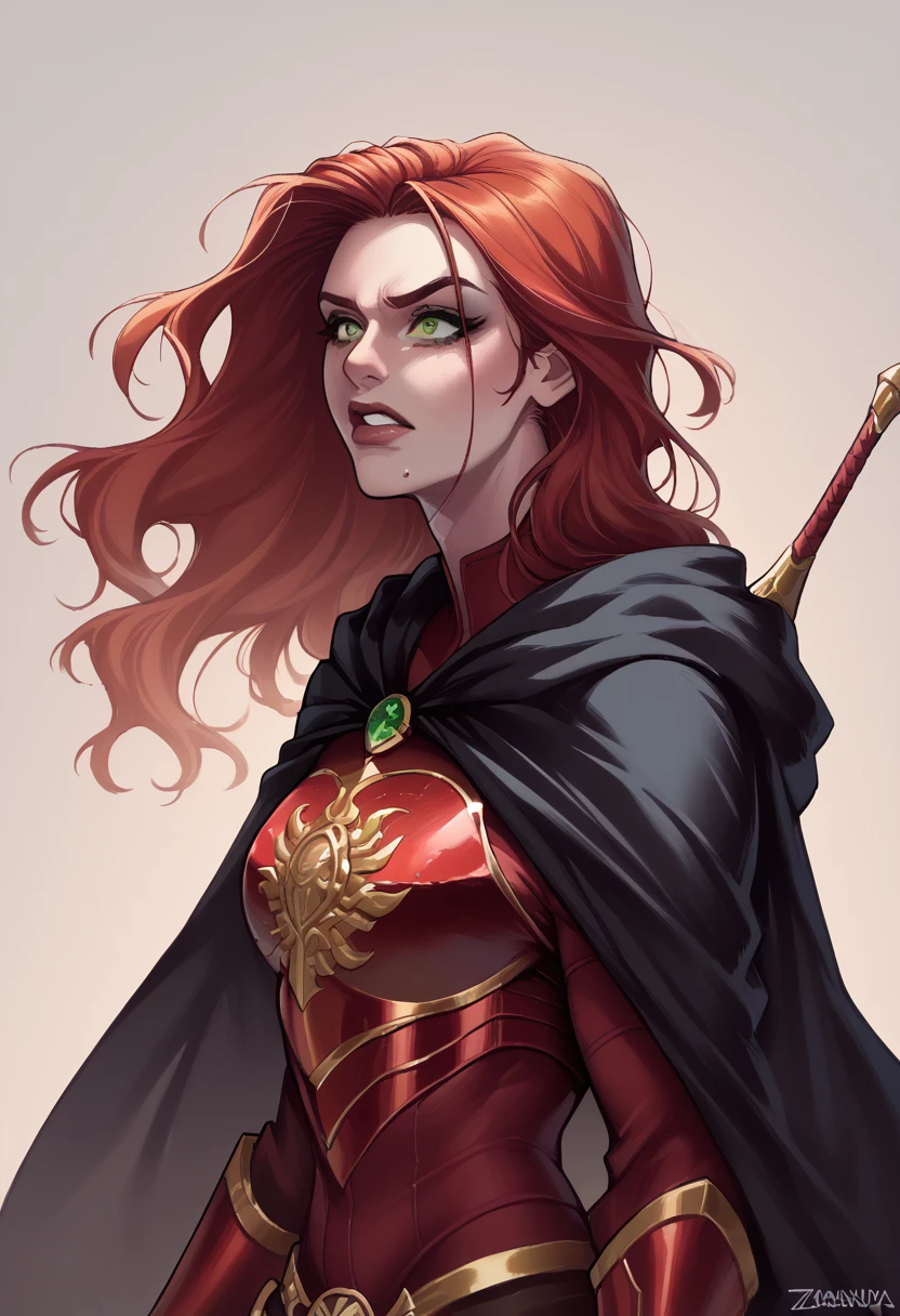 Ezrania has long red hair that resembles flames and piercing green eyes.. His skin is pale and his features are sharp, with an intimidating beauty. She wears red metal armor, adorned with gold details and a long black cape. In your hands, she holds two sharp swords.