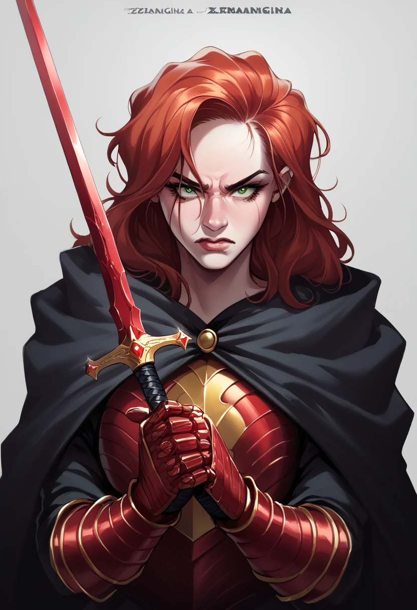 Ezrania has long red hair that resembles flames and piercing green eyes.. His skin is pale and his features are sharp, with an intimidating beauty. She wears red metal armor, adorned with gold details and a long black cape. In your hands, she holds two sharp swords.