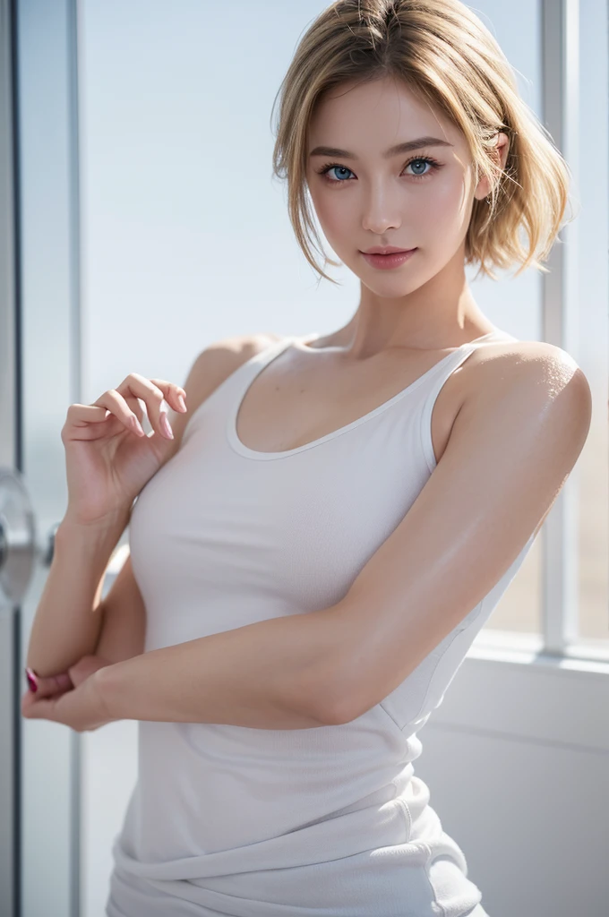 1 girl, alone, cute, View your viewers, Beautiful body, blush, (Short curly wavy silvery blonde hair), Volleyball player、Women、Lively posture、gym, very lifelike eyes, Beautiful environment, Very detailed, masterpiece, highest quality, highest quality, High resolution, (masterpiece:1.2), Realistic lighting, Great lighting、Sweat、Sweatをかく、smile、Open your mouth、Sticking out tongue、Perfect skeleton、全naked、naked、Knee-high socks