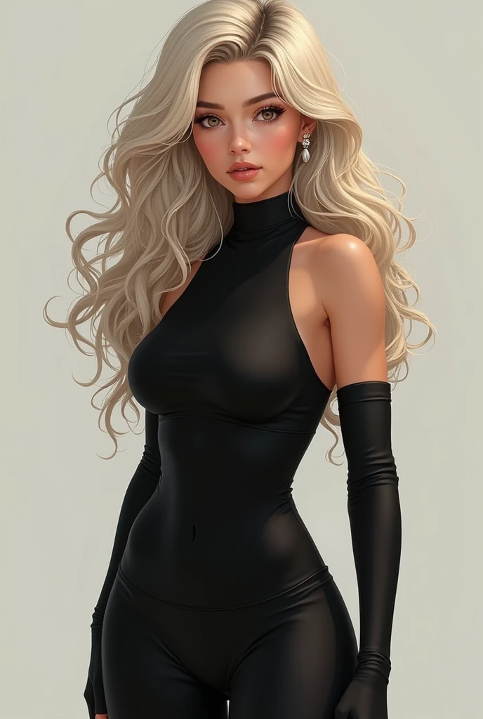 black pencil skirt, black long sleeve top, only the navel,Put your hands behind your back,restraints, blonde hair, Very long hair, straight hair, Cute, slender body, thin legs, Black thigh high stockings, Nylon stockings, hands in black leather handcuffs, hands, connected in a chain, amrs togather, masochistic, whole body, on the knees, leather handcuffs, tattoo on the legs, large collar around the neck, 18 years, long eyelashes, mascara, cute face, bent over, top down bottom up, arms behind back, kneeling, submissive look 