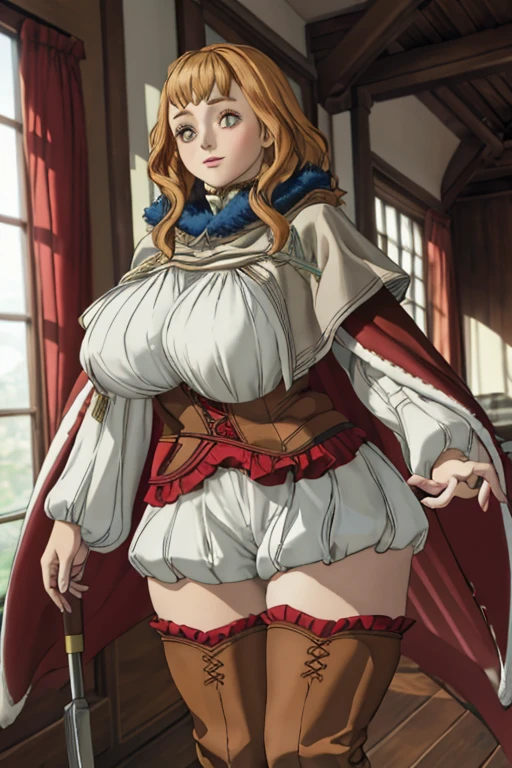 (best quality), (masterpiece), 1 girl, early 20's, huge heavy breasts, thick, thick lips, wide hips, thin waist, red cape, capelet, turtleneck sweater, corset, thighhighs,thigh boots, earrings