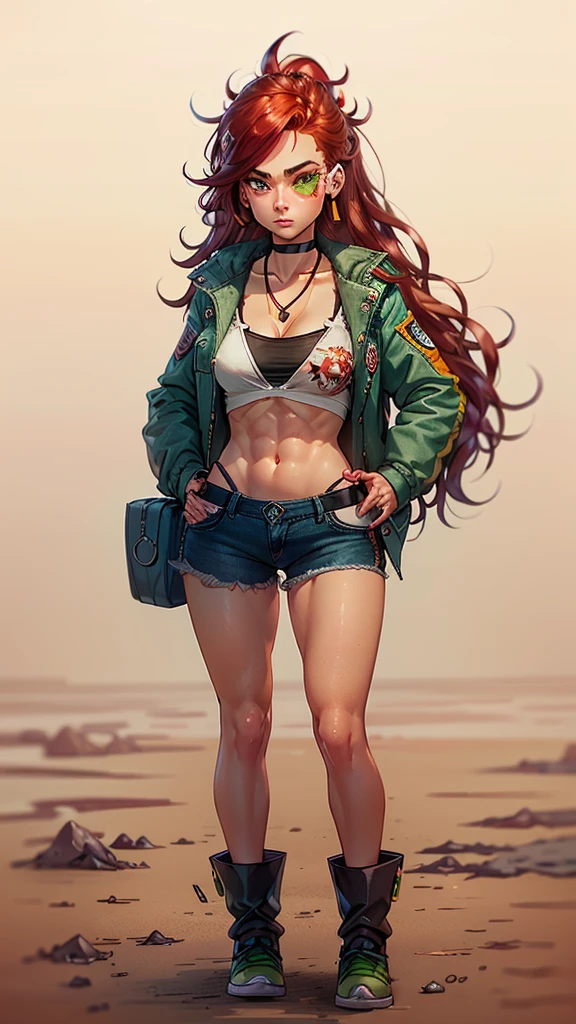 red head with green eyes,, long wavy hair, wearing crop top with jacket and denim shorts, holding a pistol, freckles balonder, holster , raising right eyebrow, dark eyeliner, beautiful eyebrows, lip filler, eyelashes, choker, Necklace, earrings, tinted eyewear, saiyan Scouter, full body shot, six pack abs