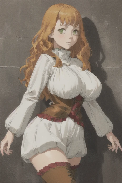 (best quality), (masterpiece), 1 girl, early 20's, huge heavy breasts, thick, thick lips, wide hips, thin waist, mimosa vermillion, orange hair, green eyes turtleneck sweater, corset, thighhighs, thigh boots, earrings