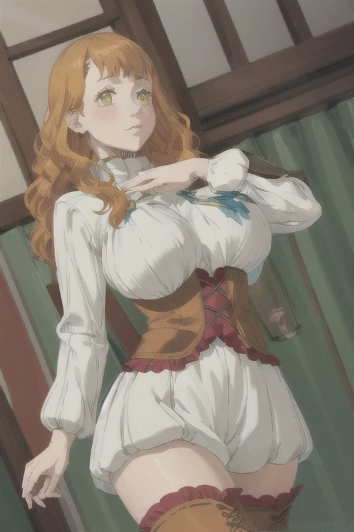 (best quality), (masterpiece), 1 girl, early 20's, huge heavy breasts, thick, thick lips, wide hips, thin waist, mimosa vermillion, orange hair, green eyes turtleneck sweater, corset, thighhighs, thigh boots, earrings