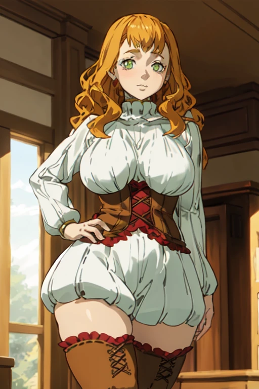 (best quality), (masterpiece), 1 girl, early 20's, huge heavy breasts, thick, thick lips, wide hips, thin waist, mimosa vermillion, orange hair, green eyes turtleneck sweater, corset, thighhighs, thigh boots, earrings