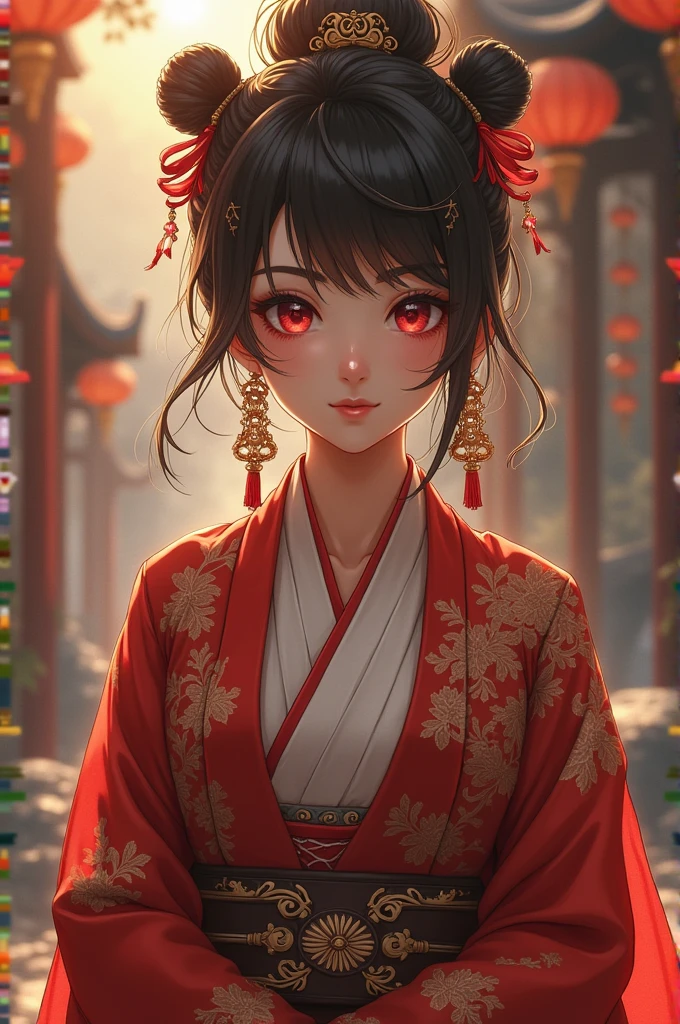 masterpiece,high quality,1girl,amazing cinematic,sparklehsr,evil,menacing,glowing eyes,yandere,holding face,red gold-trimmed kimono,o-ring halterneck,hair ornaments,well-drawn hands,fingers,bare hand,thumbs,mole under both eyes,red string,flower tattoo,neck bell,red fox mask on head,butterfly-shaped pupils,brown gradient hair,ominous red lighting,scary,grinning,spider lily flowers,