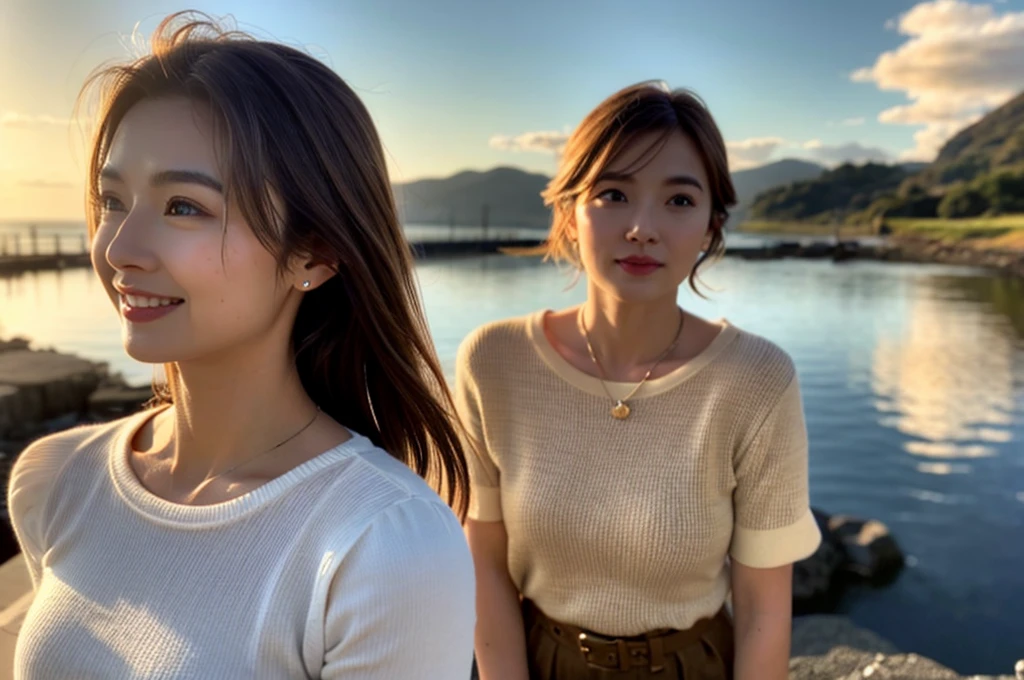 They were two people standing on the beach，A man holding a camera, On a beach, earbuds jewelry, portrait shooting, On the ocean, author：Nico Henrikan, promo art, arte mista, On the beach, earbuds, on  the  beach, smooth in _ Background with, earing a shirt laughing, juuichi/Millie Bobby Brown