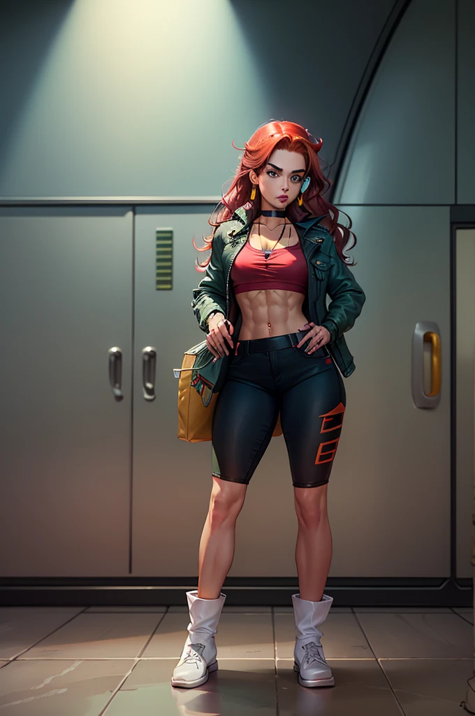 red head with green eyes,, long wavy hair, wearing crop top with jacket and denim shorts, holding a pistol , raising right eyebrow, dark eyeliner, beautiful eyebrows, lip filler, eyelashes, choker, Necklace, earrings, tinted eyewear, saiyan Scouter, full body shot, six pack abs