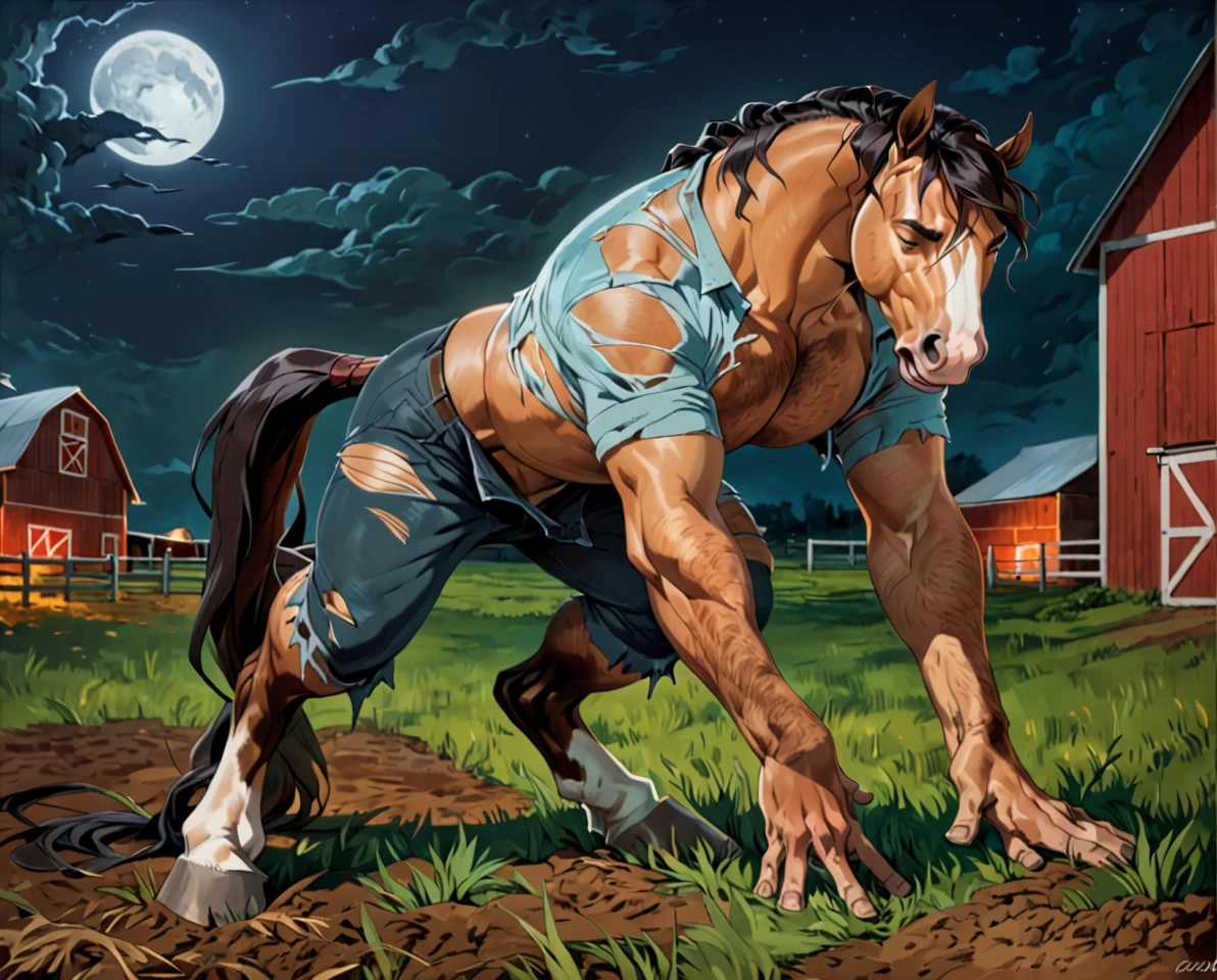 male horse mid transformation, solo, masterpiece, best art, full body, digitigrade, by patto, by oouna, torn pants, torn shirt, detailed hands, detailed eyes, detailed torso, farm, painful expression, transformation, human face, standing, night, moon, all fours, pecs, closed eyes