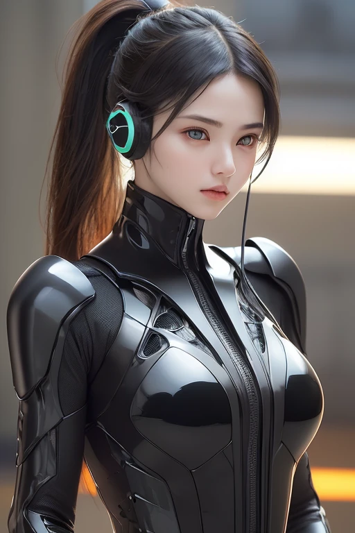 Top Quality, Masterpiece, Ultra High Resolution, (Photorealistic: 1.4), Raw Photo, 1 Girl, Black Hair, Glossy Skin, 1 Mechanical Girl, (((Ultra Realistic Details)), Portrait, Global Illumination, Shadows, Octane Rendering, 8K, Ultra Sharp, Intricate Ornaments Details, realistic skin, sweat effect, ((wearing Headphone)), very intricate detail, realistic light, CGSoation trend, brown eyes, glowing eyes, matte black and glossy orange mechanical bodysuit, Long hair, black hair, Ponytail hair, full body shot, spaceship bridge background, dynamic pose, close up, sad face, frowned, heading left side