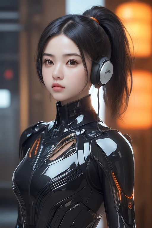 Top Quality, Masterpiece, Ultra High Resolution, (Photorealistic: 1.4), Raw Photo, 1 Girl, Black Hair, Glossy Skin, 1 Mechanical Girl, (((Ultra Realistic Details)), Portrait, Global Illumination, Shadows, Octane Rendering, 8K, Ultra Sharp, Intricate Ornaments Details, realistic skin, sweat effect, ((wearing Headphone)), very intricate detail, realistic light, CGSoation trend, brown eyes, glowing eyes, matte black and glossy orange mechanical bodysuit, Long hair, black hair, Ponytail hair, full body shot, spaceship bridge background, dynamic pose, close up, sad face, frowned, heading left side