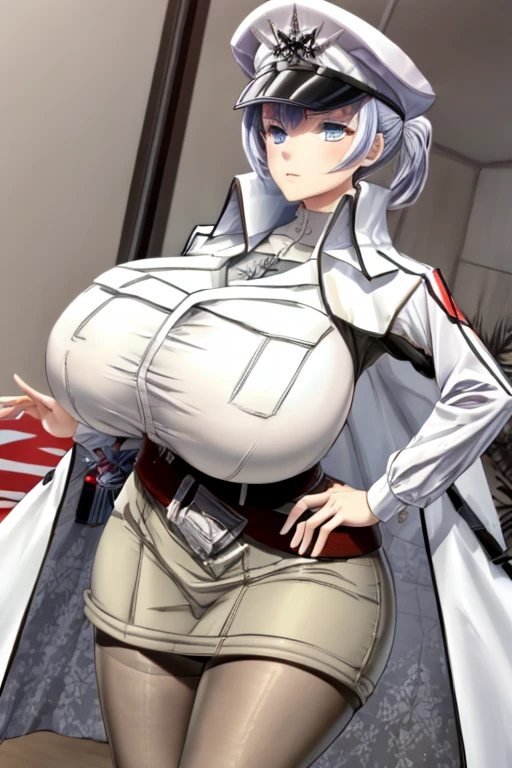 (best quality), (masterpiece), 1 girl, early 20's, huge heavy breasts, thick, thick lips, wide hips, thin waist, weissneg, peaked cap, military uniform, white coat, belt, pantyhose