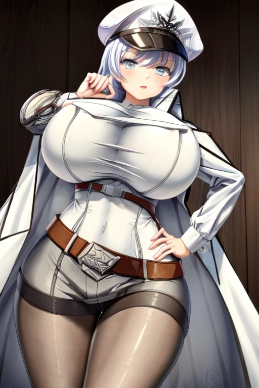 (best quality), (masterpiece), 1 girl, early 20's, huge heavy breasts, thick, thick lips, wide hips, thin waist, weissneg, peaked cap, military uniform, white coat, belt, pantyhose