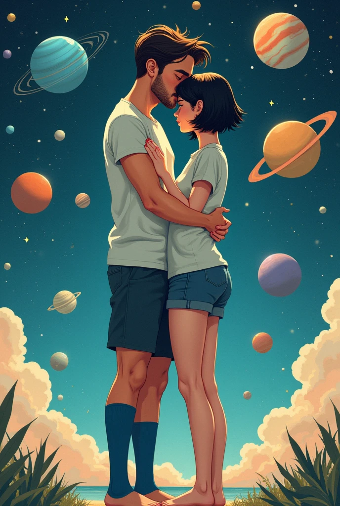 A 12 year old white boy with brown hair,gray tank top,blue underwear and black glasses kissing a girl in space