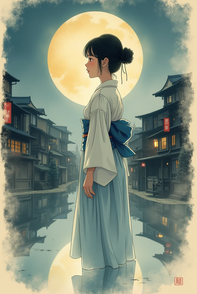 (best quality, masterpiece), 1girl, Japan, Ninja on a Rooftop, Moon, cloud, upper body, sitting