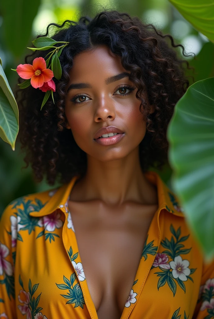 A Brazilian woman in a lush tropical garden, wearing an open shirt with a floral print, with a close-up capturing the harmonious beauty between her breasts and the natural flowers, showing off your natural charm and outgoing personality.