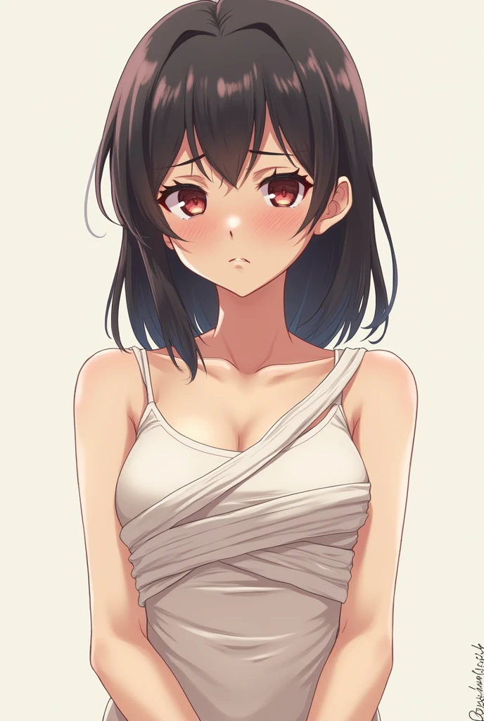 Messy bun, brunette, oversized t shirt, no bra under