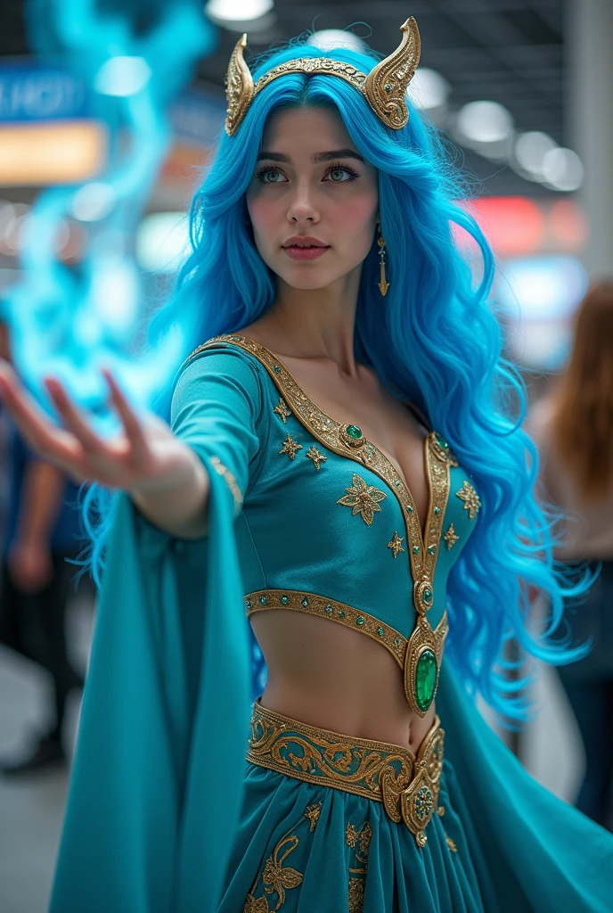 a gorgeous genie, 1 girl, long flowing hair, colorful and vibrant magical costume,