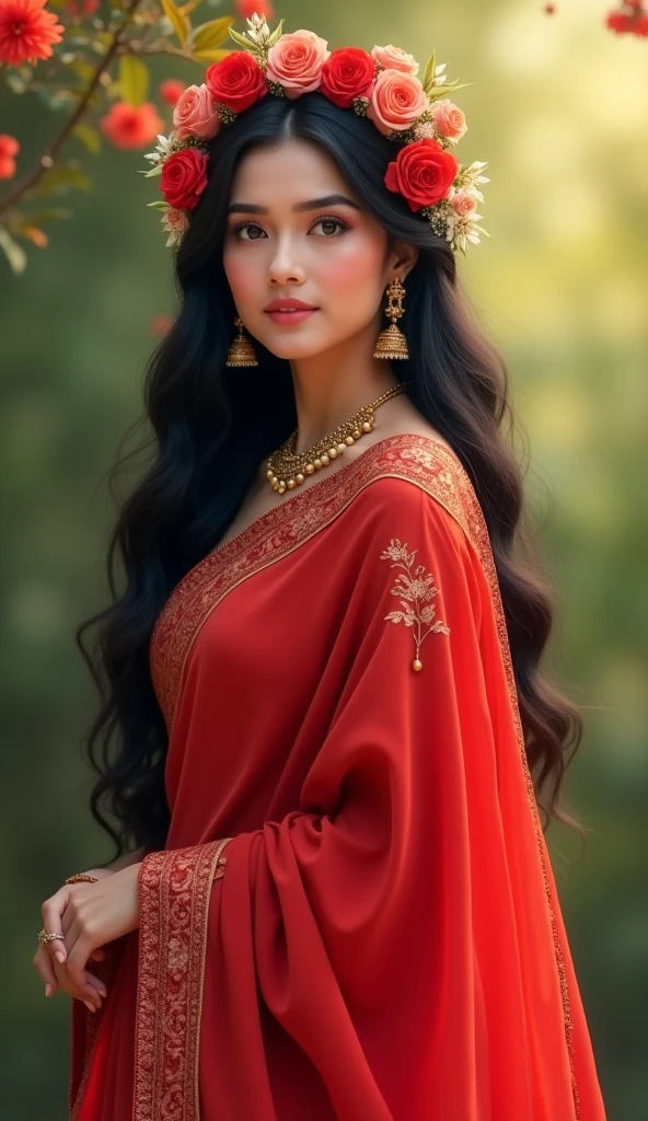 Indian ladey red saree wear and gila bal leke 
