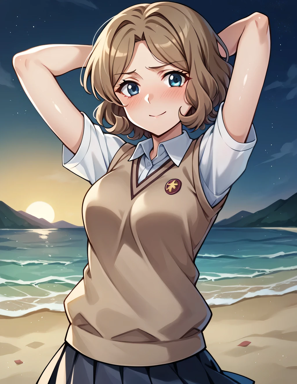 wannai kinuho, source anime, light-brown hair, short hair, parted bangs, wavy hair, blue-grey eyes, medium breasts, brown sweater vest, pleated skirt, short sleeves, shiny skin, high quality, solo, shy, blushing, 1girl, night sky, beach, arms behind head, {contrapposto}, closed mouth, spread armpits, cowboy shot, looking at viewer, smile, best quality