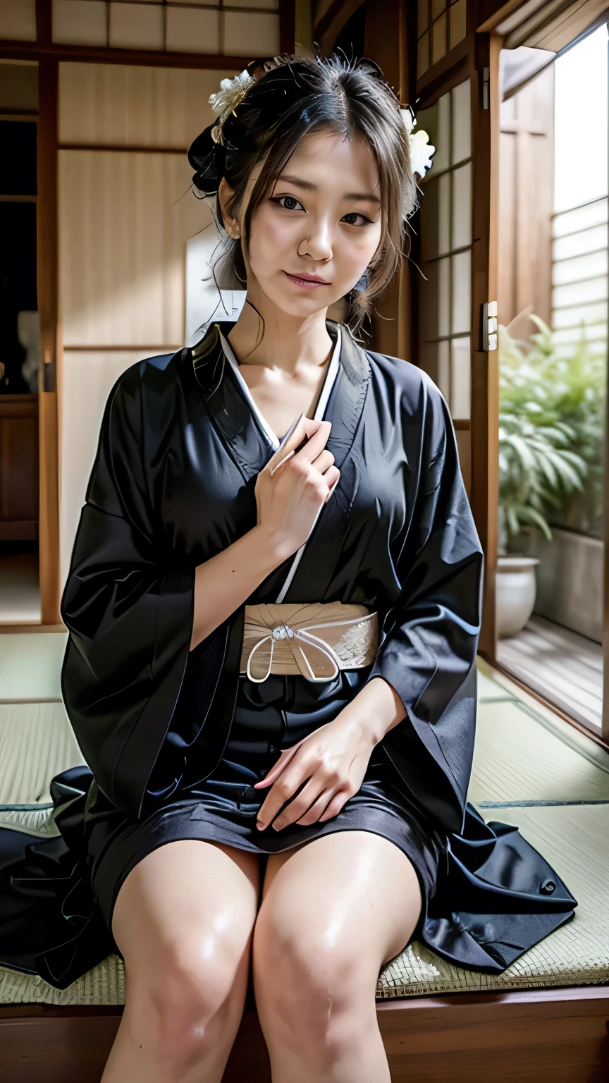 (Black kimono with white floral pattern:1.3、A detailed view of pure white panties from the open kimono)、(Sitting in a Japanese house、Girl&#39;s Room)、(Squint your eyes and laugh、A big smile)、(Realistic、As shown in the picture、Live Action、8k, Realistic, RAW Photos, Best image quality: 1.4), SLR camera、RAW Photos, Best Quality, Realistic, Highly detailed CG Unity 8K wallpaper, Written boundary depth, Cinematic Light, Lens Flare, Ray Tracing, Realistic background、((Brown inner color hair:1.1))、((White skin))、 ((whole body:1.5))、Long black hair、I like that style、stylish、Very detailed、Pay attention to the details、Perfect outfit、View from below