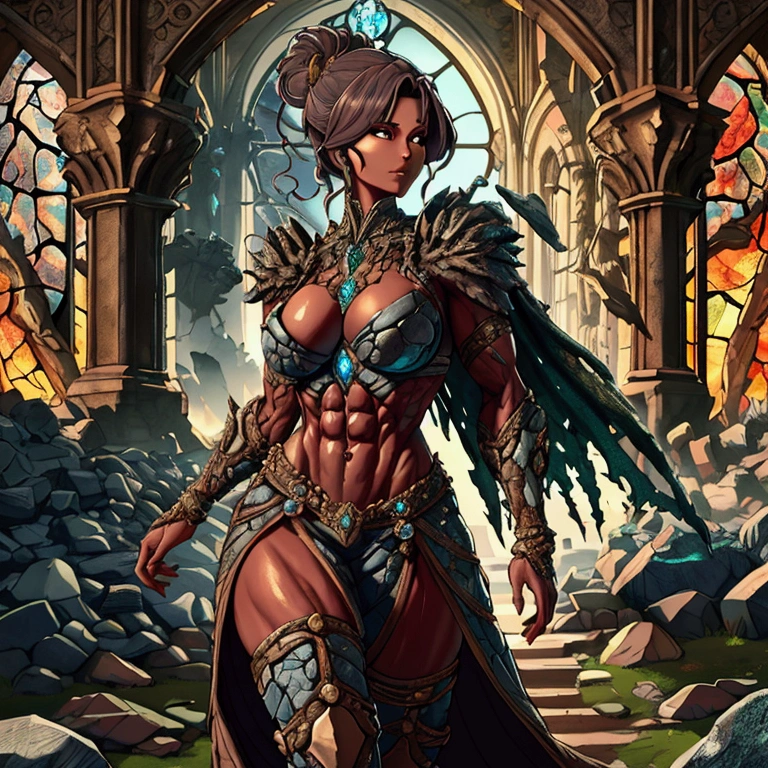 female, combat golem, skin made of stone cracked stone jutting out, sexy, fighting, wild hairstyle, fantasy stained glass cathedral background, well-toned abs, swirling magic, muscular