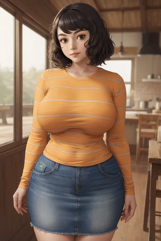 (best quality), (masterpiece), 1 girl, early 20's, huge heavy breasts, thick, thick lips, wide hips, thin waist, skp5, bangs, striped shirt, long sleeves, skirt, denim skirt