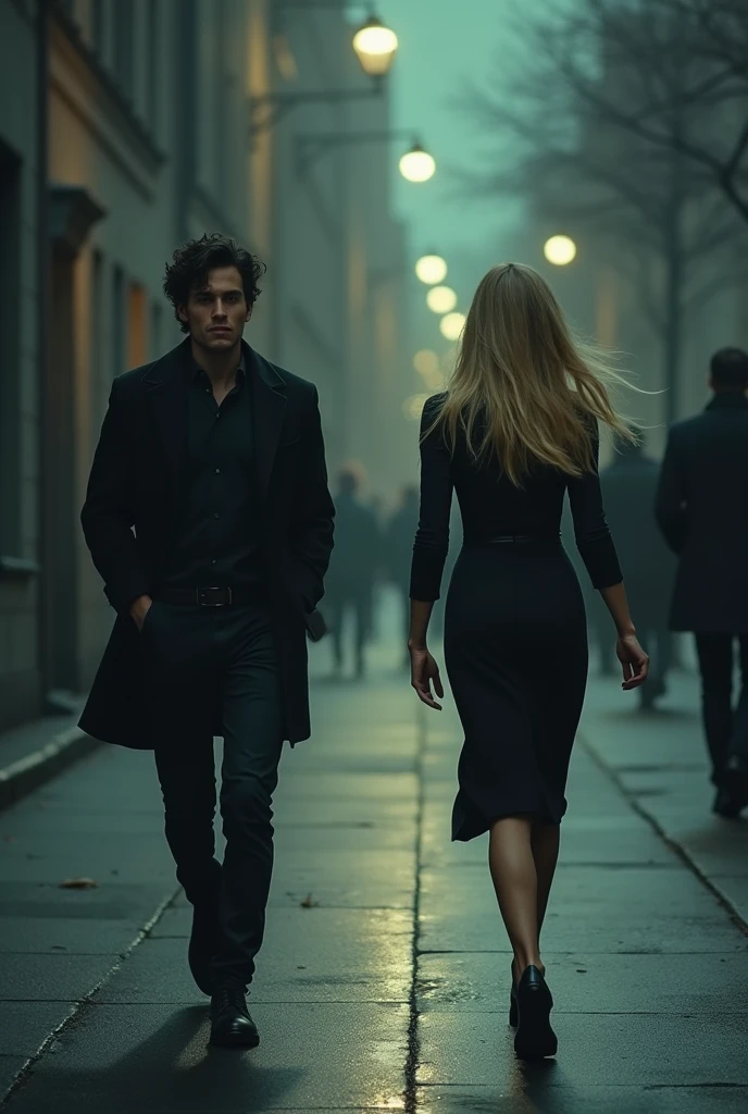 A black-haired young man holding a book chases a beautiful woman with long, blonde hair who is walking home alone.