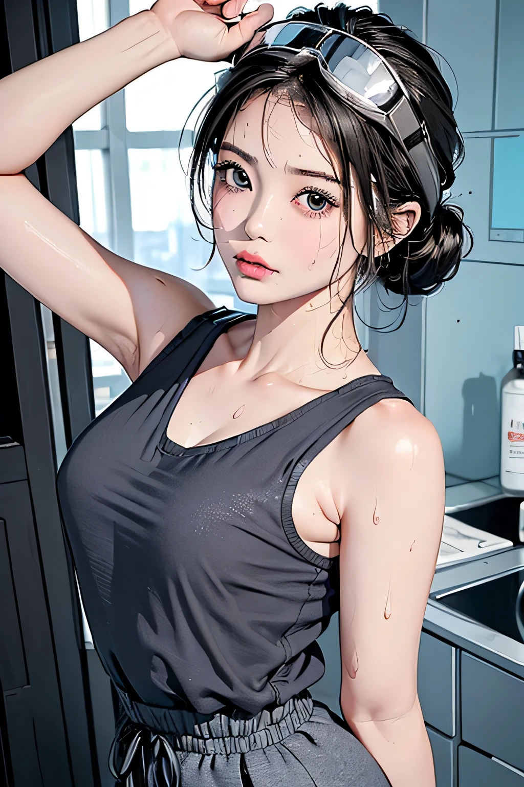Enako is taking a shower wearing a white tank top and white panties、She has small round breasts and black hair、(wetted skin)、(wetting hair)、(Wet tank top)、(Water poured from the shower)