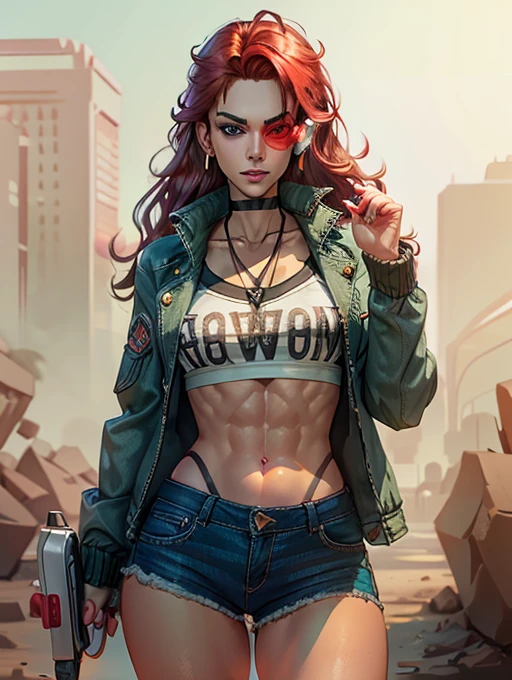 red head with green eyes,, long wavy hair, wearing crop top with jacket and denim shorts, holding a pistol , raising right eyebrow, dark eyeliner, beautiful eyebrows, lip filler, eyelashes, choker, Necklace, earrings, tinted eyewear, saiyan Scouter, photorealistic, 8k,high quality, six pack abs, evil smirk 