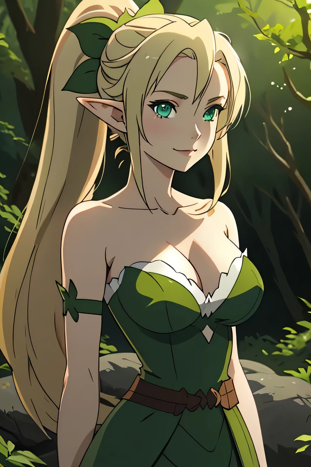 close up 1girl in, photo of leafa, Kirigaya Suguha, Solo, (straight blonde hair, ponytail, very long blonde hair, vivid green eyes), (perfect clear skin, pale skin, detailed skin, massive breasts, round breasts, Cleavage, perfect body), (thin hips, thin waist: 1.25), neutral face, cute smile, elf ears, (she is wearing a dress made of leaves, Green strapless dress, poison ivy cosplay), in a forest forest, surrounded by trees, on a rock by a stream, (realistic photo, best quality, detailed), (8k wallpaper), (cinematic lighting, beautiful light, (day:1.3)) (sharp focus, intricate), (dslr, realistic, looking at viewer, sharp focus, delicate, soft colors, cinematic)