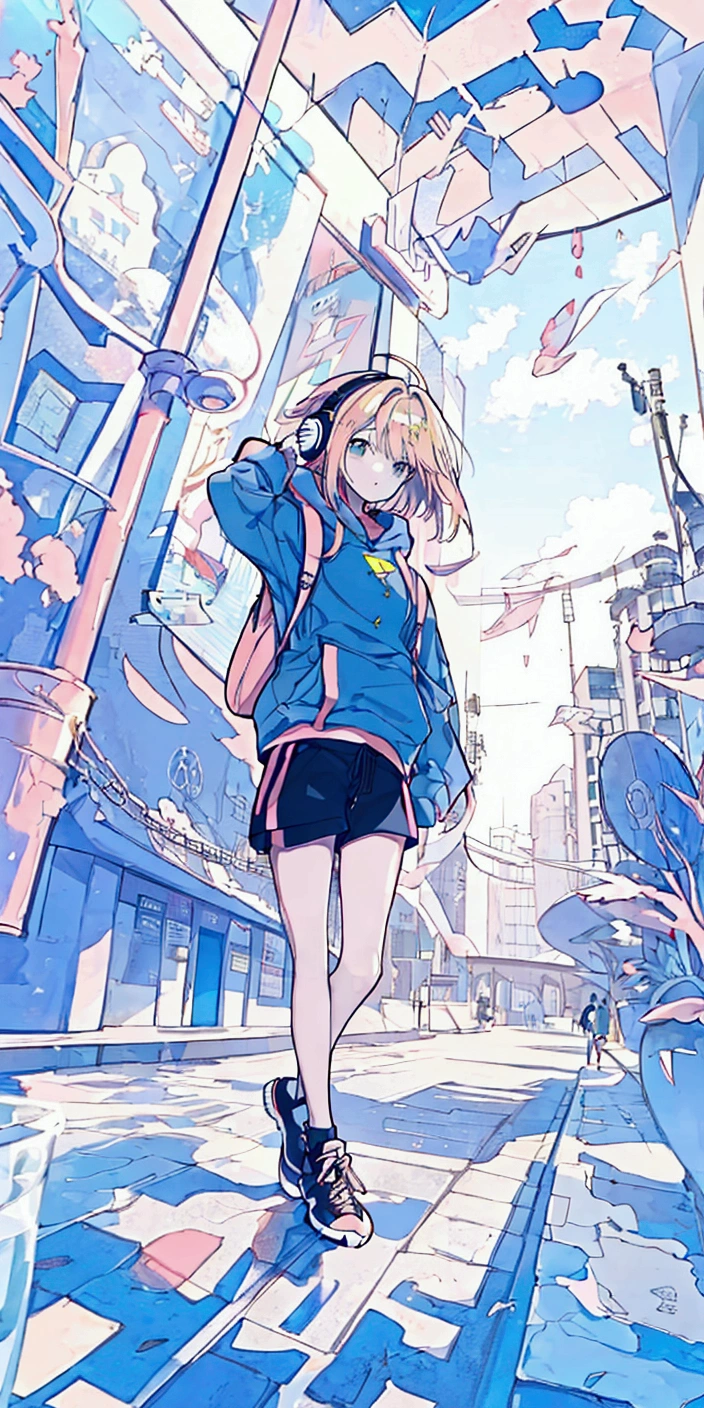 young girl, neutral facial expression, medium-length straight hair, blonde with pink highlights, oversized blue hoodie, dark shorts, black sneakers, bright yellow backpack, large headphones, relaxed walking pose, looking slightly down, light skin, urban environment with colorful geometric patterns, tall structures, pastel color palette, soft natural lighting, light from above, radiant and calm atmosphere, low angle, deep depth of field, vibrant clean depicting an animated character in a futuristic cityscape.