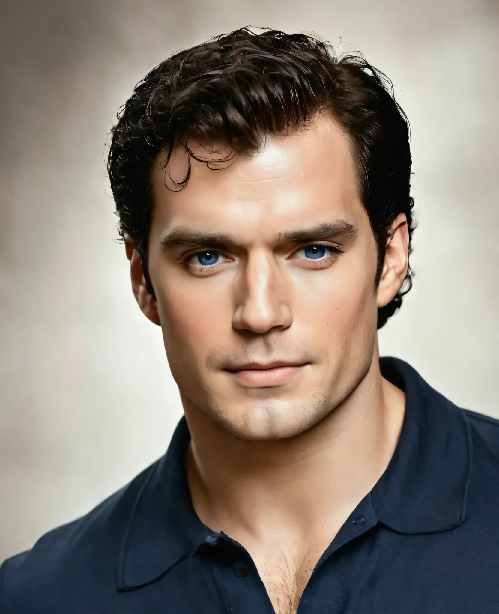 Create an image of a handsome prince with the facial features of Henry Cavill. He has strong, defined jawlines, deep blue eyes, and thick, dark eyebrows. His hair is jet black, slightly wavy, and neatly styled back. He wears a classic white sailor’s shirt with long sleeves, made of soft, flowing fabric, paired with fitted dark blue pants. His sturdy black leather boots and a brown belt complete the look, giving him an adventurous yet regal appearance. His skin is fair, and his athletic build shows strength and grace, embodying both nobility and maritime charm.