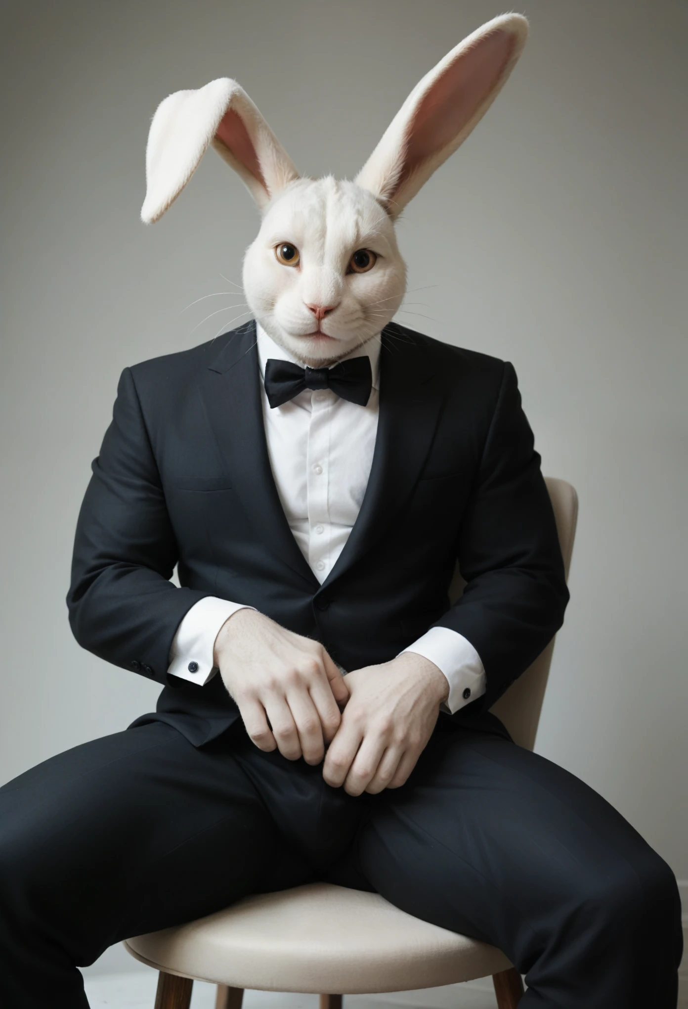 Create a realistic image of a man resembling (Henry Cavill) dressed as a playful, yet sexy bunny. The man is wearing a form-fitting plush bunny suit that highlights his muscular physique, with soft, fluffy fabric. The suit includes large, floppy rabbit ears perched on top of his head, a small, round tail at the back, and white fur accents around the wrists and ankles. His expression is a mix of charm and innocence, with a playful smirk. The scene should balance humor and sensuality, making the character look both approachable and irresistibly attractive. His posture is confident but relaxed, with one hand casually on his hip and the other slightly raised, giving a light-hearted vibe. The lighting is soft and warm, enhancing the textures of the fur and creating a sense of intimacy.