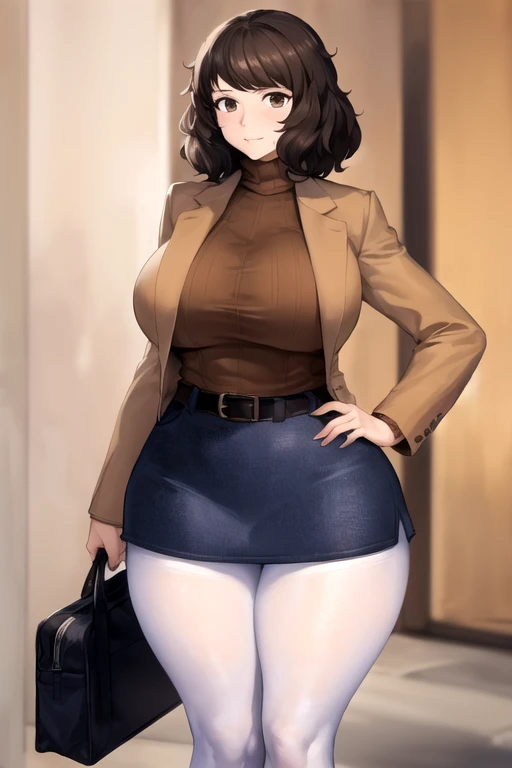 (best quality), (masterpiece), 1 girl, early 20's, huge heavy breasts, thick, thick lips, wide hips, thin waist, skp5, bangs, sweater, turtleneck sweater, skirt, pantyhose, blue skirt, coat, brown sweater, brown coat, ribbed sweater