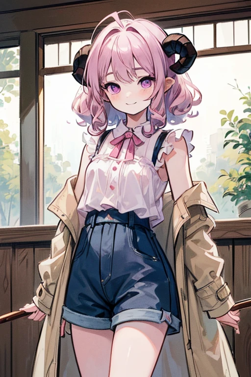 ((Masterpiece:1.5, Best Quality, High Resolution:1.3, Super Resolution, Super Detailed, Ultra Detailed:1.3, Perfect Anatomy:1.5, 1 girl) pale skin + short pink curly hair + purple eyes + long eyelashes + female figure, ( loose sleeping shorts and top, silk coat, ram horns, soft drooping ears) (( pretty eyes, lazy and smiling expression))