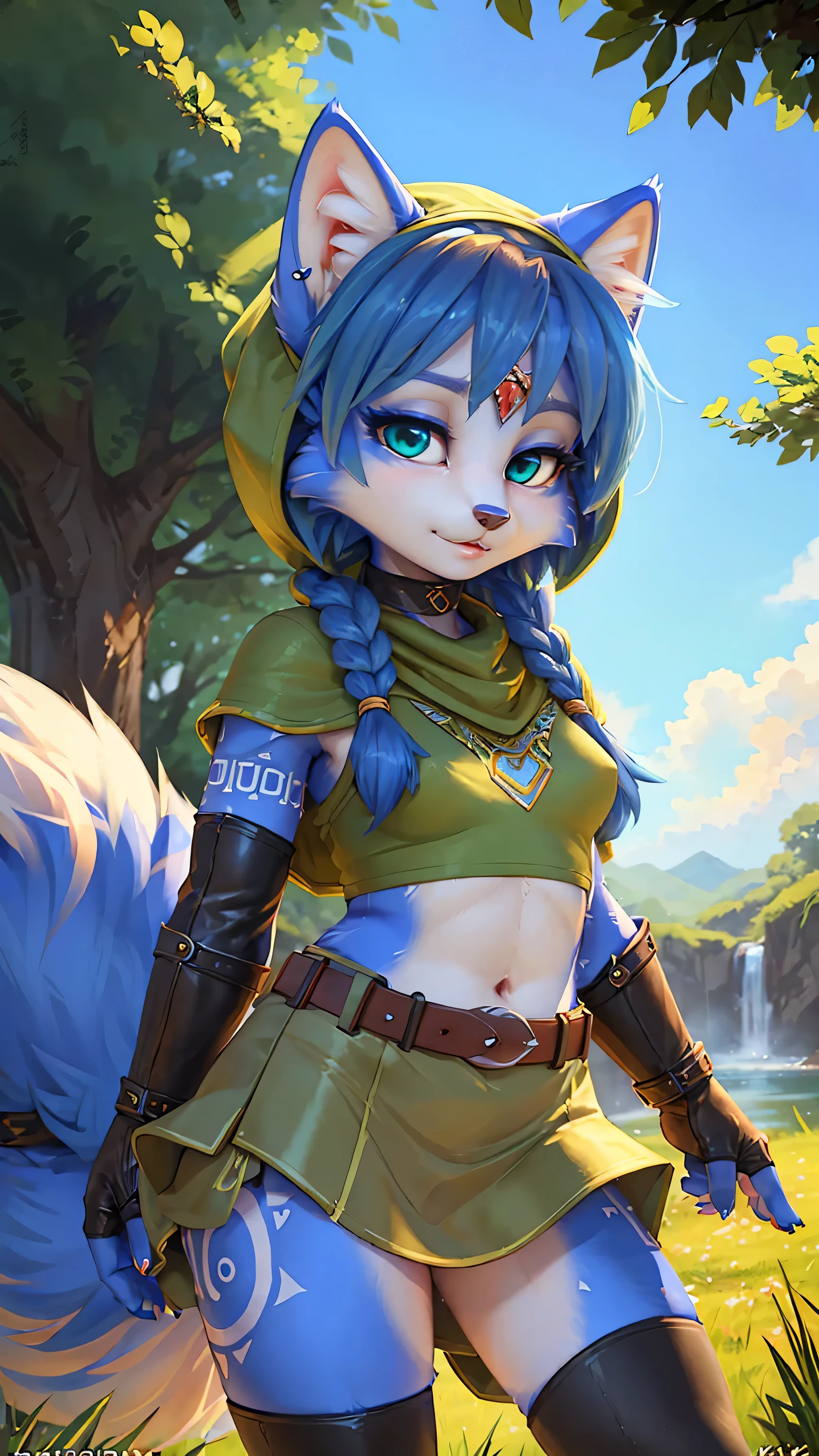A beautiful and detailed (sweet portrait) von ((Krystal)), Sternenfuchs Krystal, Schlank, liebenswert, green eyes, medium breasts, (((Lange blaue Haare 1.3))),  ((schwarze haarspitzen)), Dekollete, Grinsen, hoch schauen,, anthro, Pelzig, Hochgeladen E621, detailed flauschige fur, (von Fluff-Kevlar, Bayard Wu, Personalami, Pino Daeni), detailliertes Gesicht, (flauschige), 1 girl, Allein, wears a uniform  , befindet sich in einer schule,  (NSTDA.:1.2), (10, beste-Qualit, Meisterwerk: 1.4), ultra high resolution, (realistisch, photorealistisch: 1.48), sweet girl, 25 Jahre alt , Famous Japanese Celebrities, Blaue Augen, Kopfneigung, Cowboy style Side view Looking at the viewer Emotionless Beautiful river in the forest Zeiss 150mm F/ 2.8 Hasselblad Full Body Foot Ultra Wide Angle
