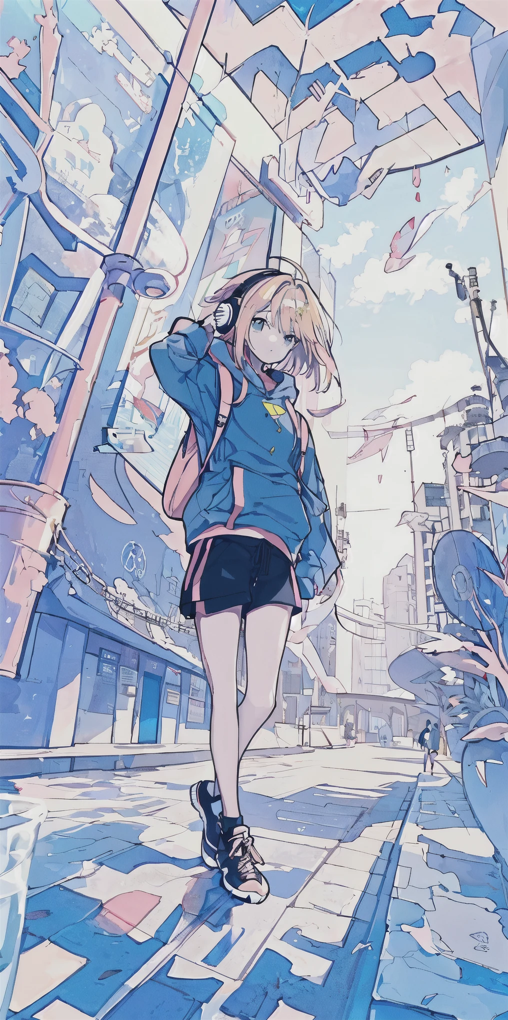 young girl, neutral facial expression, medium-length straight hair, blonde with pink highlights, oversized blue hoodie, dark shorts, black sneakers, bright yellow backpack, large headphones, relaxed walking pose, looking slightly down, light skin, urban environment with colorful geometric patterns, tall structures, pastel color palette, soft natural lighting, light from above, radiant and calm atmosphere, low angle, deep depth of field, vibrant clean depicting an animated character in a futuristic cityscape.