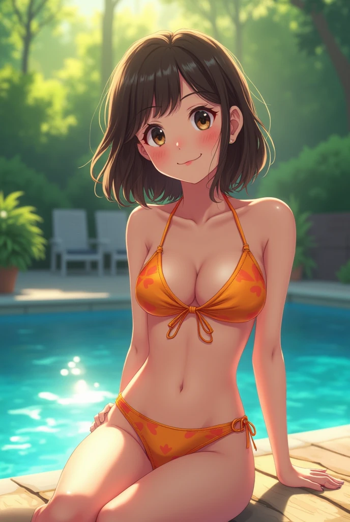 (masterpiece:1.2, Highest quality), (Realistic, photoRealistic:1.4), Beautiful CG, (Natural Side Lighting, Cinema Lighting), Looking at the audience, Upper Body, (Front view), 1 girl, Perfect Face, Symmetrical cute face, double eyelid, Long eyelashes, (Large Breasts), Beautiful Hair, Beautiful Face, Beautiful and beautiful eyes, Glowing Skin, Beautiful body, Beautiful breasts, Beautiful thighs, Beautiful feet, ((Beautiful poolside views)), (Beautiful smile:1.2, wonderful), ((Bikini Bottoms)), (Bob Hair), (Brown Skin:1.2), (from the front)