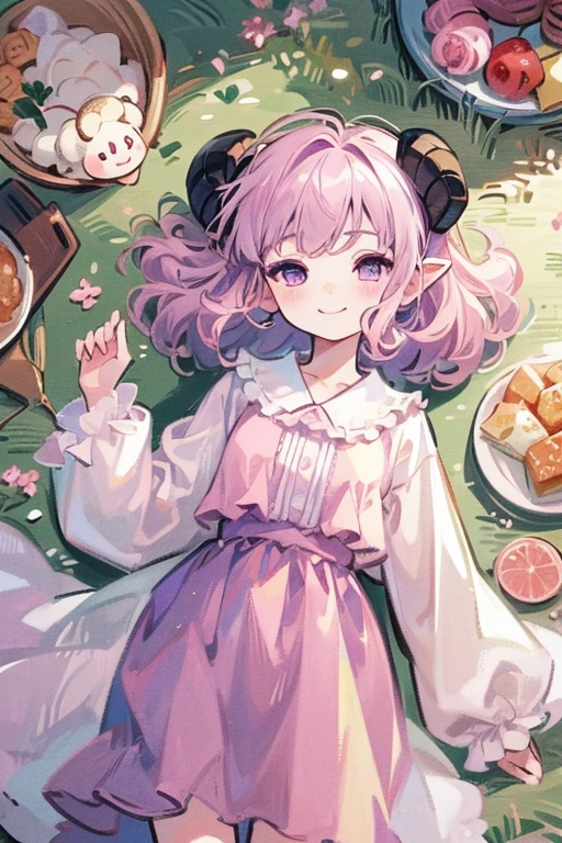 ((Masterpiece:1.5, Best Quality, High Resolution:1.3, Super Resolution, Super Detailed, Ultra Detailed:1.3, Perfect Anatomy:1.5, 1 girl) pale skin + short pink curly hair + purple eyes + long eyelashes + female figure, ( loose sleeping shorts and top, silk coat, ram horns, soft drooping ears) (( pretty eyes, lazy and smiling expression))